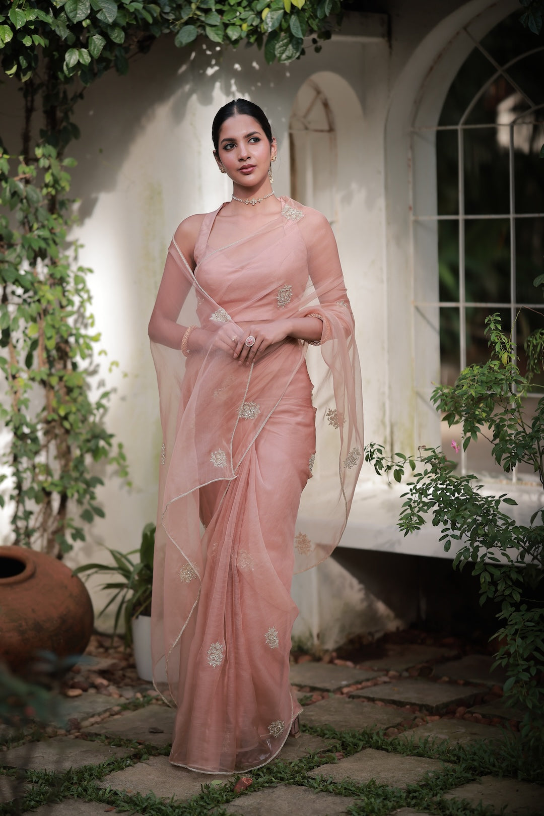 Peach Organza Saree - Zuleiha