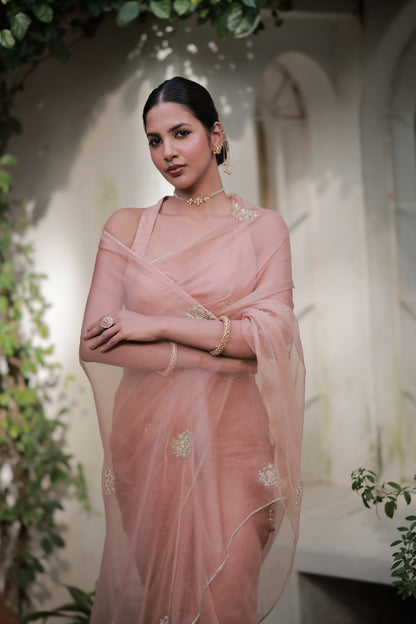 Peach Organza Saree - Zuleiha