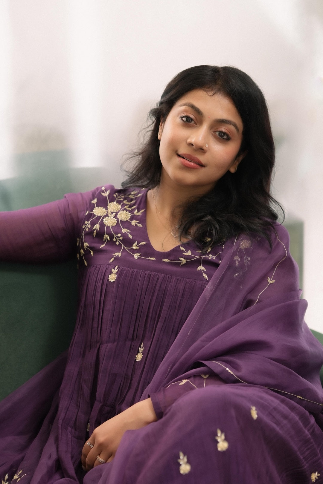 Shruthi Ramachandran in Zuleiha purple Chanderi handworked Kurti set